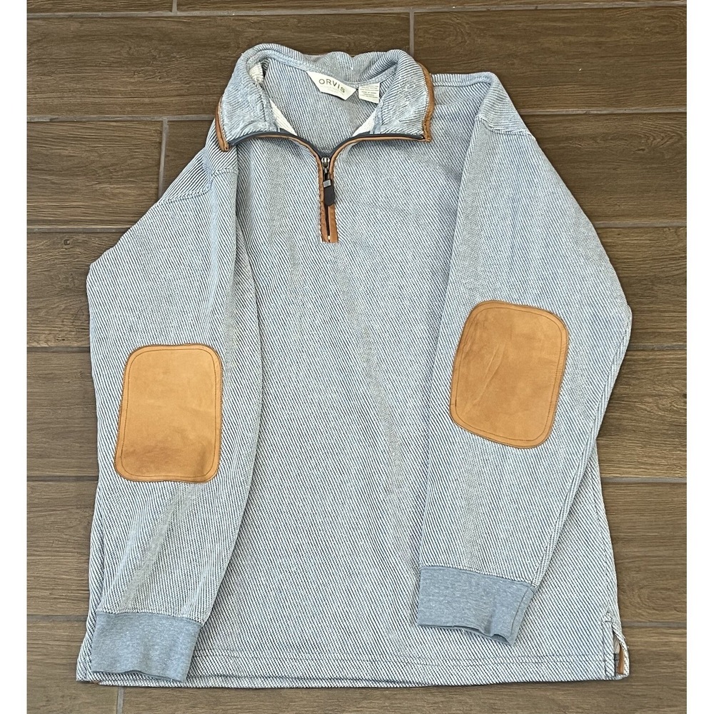 Orvis Mens Sweater Men's 1/4 Zip Medium Gray  Tan Leather Elbow  Cabincore